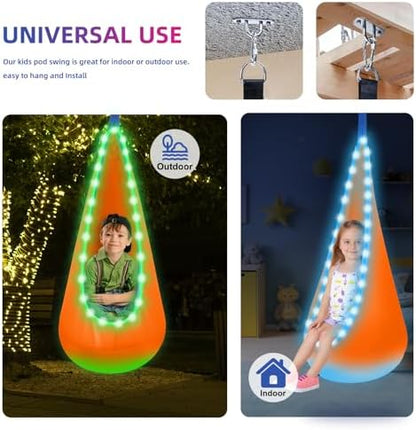 Light Up Kids Pod Swing, Indoor Outdoor Hammock Seat w/ LED Lights,Orange