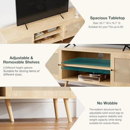 TV Stand with Rattan Doors for TVs up to 65", Mid-Century, Natural