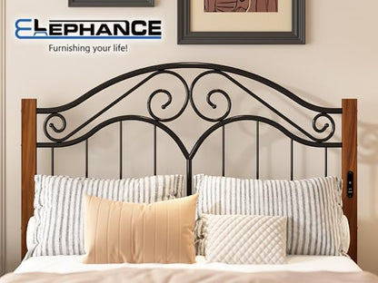 Headboard for Queen Size Bed Frame with Charging Station USB & Type C Ports | Vintage Platform Bed Headboard Only,Adjustable,Iron Legs,Easy Assembly,Black
