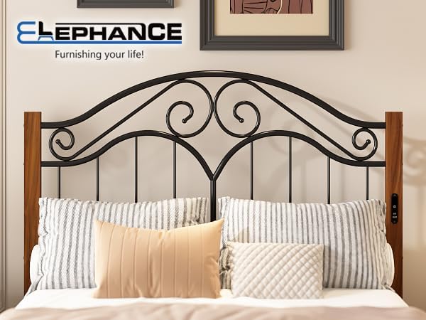 Headboard for Full Size Bed Frame with Charging Station USB & Type C Ports | Vintage Platform Bed Headboard Only,Adjustable,Iron Legs,Easy Assembly,Black