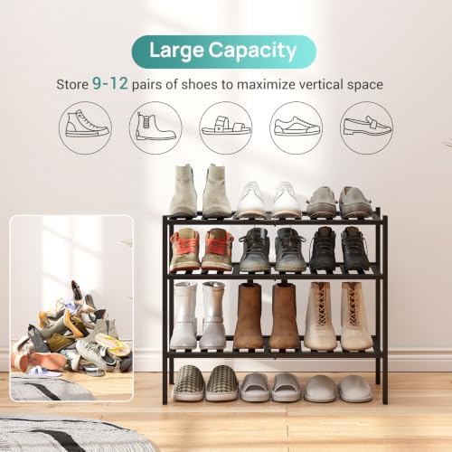 3-Tier Black Bamboo Shoe Rack for Closet, Stackable, 27" W