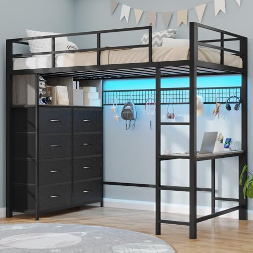Twin Size Loft Bed with Desk and 8 Storage Drawers, LED Lights