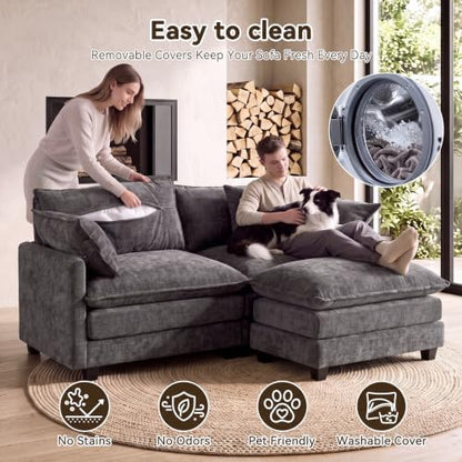 77" Cloud Chenille Sofa Loveseat Couch, Sectional with Ottoman, Grey