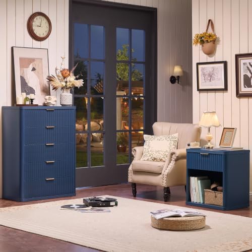 LEYAOYAO Fluted Nightstand with Charging Station, 23" Wide 1 Drawers End Table,Blue Night Stand with Open Storage Cabinet, Farmhouse Bed Side Tables, Wood Dresser for Bedroom, Living Room, Closet