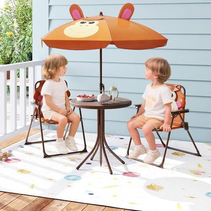 HONEY JOY Kids Picnic Table, Animal Themed Toddler Outdoor Table and Chair Set, 2 Folding Chairs & Removable Umbrella, Children Outdoor Furniture for Backyard Patio Garden (Brown Monkey)