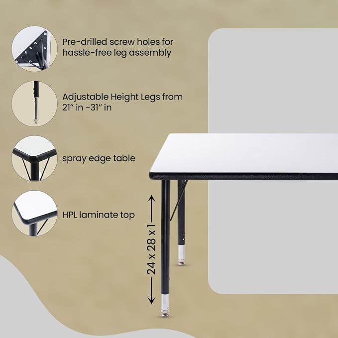 Rectangle Activity Kids Table About 24 x 48 inch (60 x 120cm) - Height Adjustable Legs - Durable Spray Edge - for Commercial Spaces