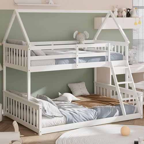 GIANTEX Wood Twin Over Full Bunk Bed, Solid Wood House Bed Frame Built in Ladder & Safety Guardrails, Convertible to 2 Beds, Floor Bunk Bed for Kids Teens Juniors, No Box Spring Needed, White