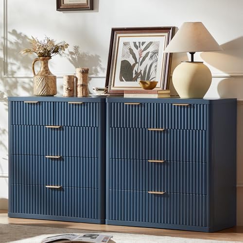 LEYAOYAO Fluted 5 Drawers Dresser for Bedroom Set of 2, 34" Tall Modern Chest of Drawers with Metal Handle, Curved Profile Design,Navy Blue Wood Drawer Organizer for Bedroom, Living Room, Hallway
