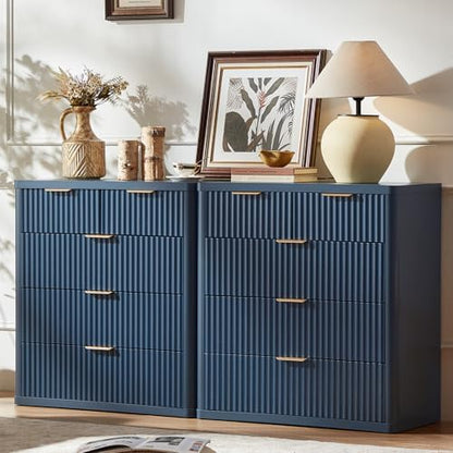 LEYAOYAO Fluted 5 Drawers Dresser for Bedroom Set of 2, 34" Tall Modern Chest of Drawers with Metal Handle, Curved Profile Design,Navy Blue Wood Drawer Organizer for Bedroom, Living Room, Hallway