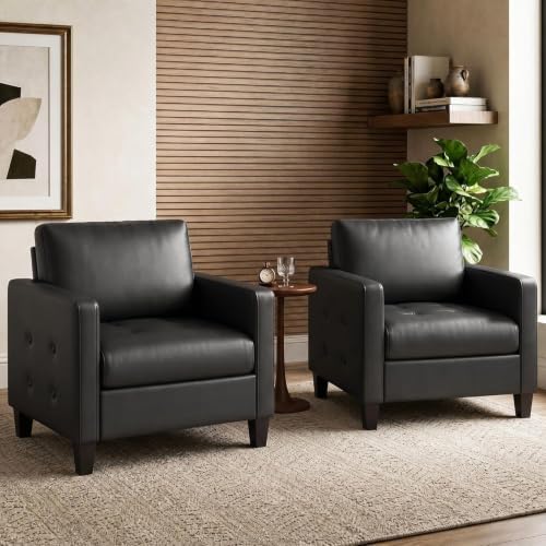 STHOUYN Accent Chairs Set of 2, Faux Leather Living Room Chair, Black