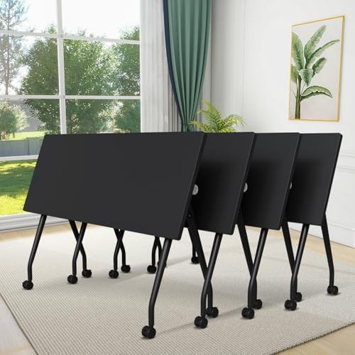 Folding Conference Table, Conference Room Tables with Wheels Foldable Large Rectangle Meeting Seminar Table for 6-12 People, Flip Top Mobile Training Table for Office Classr (4, Black 3, 55.1in)