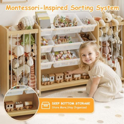 Anmon 3-in-1 Montessori Toy Organizer with Bookshelf, 9 Clear Bin & Plush Storage (64.2" W)