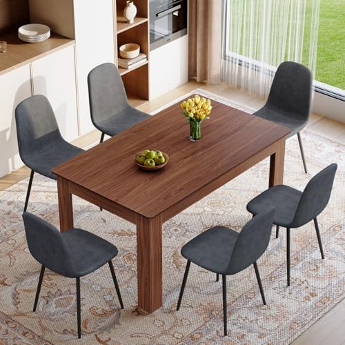 7 Piece Dining Table Set for 6｜ 59-87 Inch Extendable Rectangular Dining Table with 6 Chairs and 2 Extension Leaves｜Modern Walnut Wood Kitchen & Dining Room Set