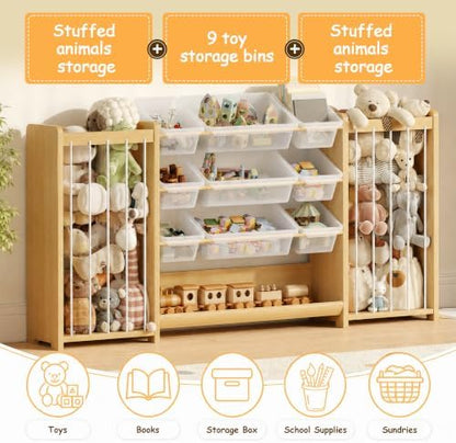 Anmon 3-in-1 Montessori Toy Organizer with Bookshelf, 9 Clear Bin & Plush Storage (64.2" W)