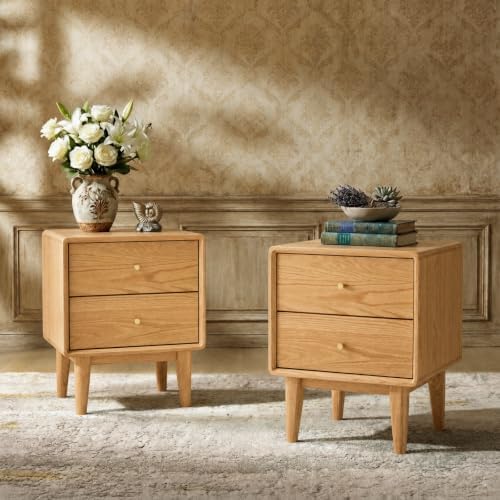 100% Solid Wood Nightstand Set of 2, Oak Nightstands, Mid Century Modern Night Stand, Natural Wood Nightstands with 2 Drawers, Small Bedside Table for Bedroom(19.69" H)
