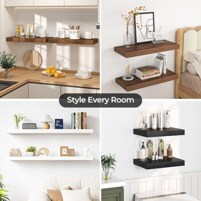 12" Deep Floating Shelves for Wall, 40" Long White Wood Wall Shelves, Set of 2, 2" Thick Rustic Storage & Display Shelves with Invisible Brackets for Living Room Bedroom Kitchen