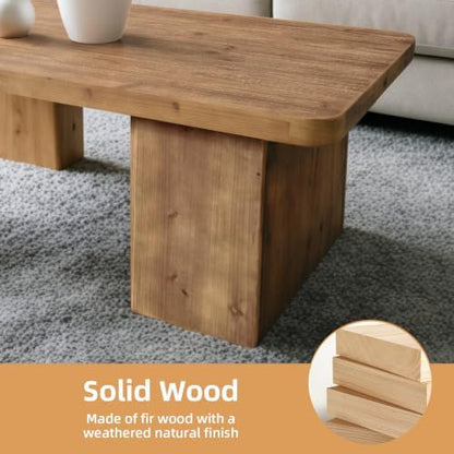 Rectangle Coffee Table with Thick Block Wooden Legs Rustic Center Table