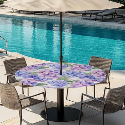 Hydrangea Outdoor Round Fitted Tablecloth with Umbrella Hole Zipper 45-56