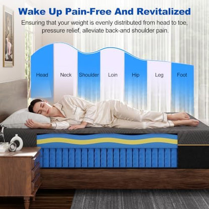 Queen Mattress, 12 Inch Queen Size Hybrid Mattress with Memory Foam & Pillow Top‑Medium Firm Feel for Motion Isolation, Edge Support, Pressure Relief‑Bed in a Box, CertiPUR‑US Certified