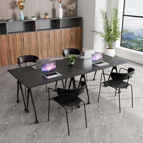 Folding Conference Table, Conference Room Tables with Wheels Foldable Large Rectangle Meeting Seminar Table for 6-12 People, Flip Top Mobile Training Table for Office Classr (4, Black 3, 61in)