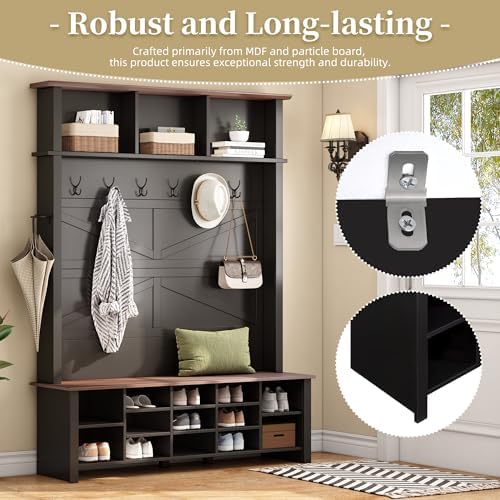 4-in-1 Hall Tree with Bench and Shoe Storage, Practical Walnut Entryway Bench with Coat Rack, Storage Shelves, 13 Shoe Cubbies, Adjustable Shelves, and 6 Hooks for Entryway, Hallway, Black