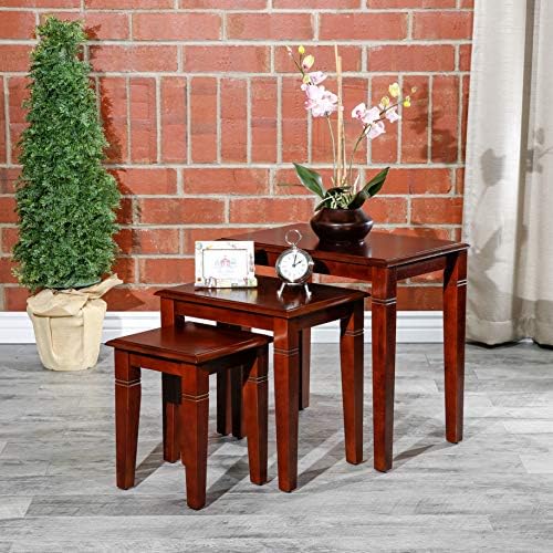 DTY Indoor Living 3-Piece Nesting Tables - Wooden Table Set of 3 for Living Room - Stackable Tables with Sleek Cherry Finish for Stylish and Space-Saving Home Furniture