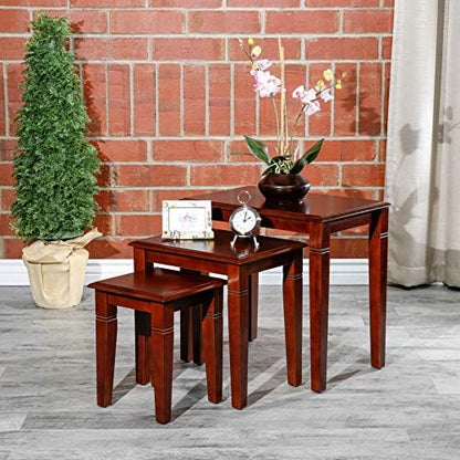 DTY Indoor Living 3-Piece Nesting Tables - Wooden Table Set of 3 for Living Room - Stackable Tables with Sleek Cherry Finish for Stylish and Space-Saving Home Furniture