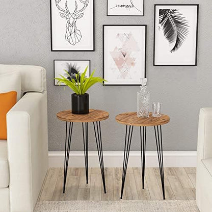 Set of 2 End Table – Pine Wood Round Wood Sofa Side Coffee Tables for Small Spaces, Nightstand Bedside Table with Black Metal Legs for Bedroom, Living Room, Home Office, Balcony