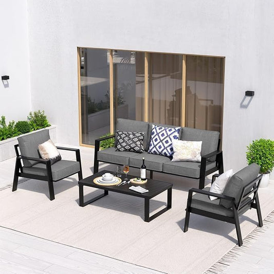 Aluminum Outdoor Patio Furniture Set, 4 Piece Sectional Coversation Sets with Coffee Table, Modern Outdoor Sofa Couch with Thick Cushions for Porch, Balcony, Garden, Dark Grey