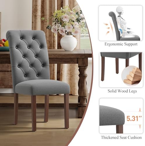 MALOL Upholstered Tufted Dining Room Chairs Set of 4, Parsons Kitchen Chairs with Padded Seat and Solid Wood Legs, Fabric Accent Side Diner Chair for Dining Room/Kitchen/Living Room, Grey