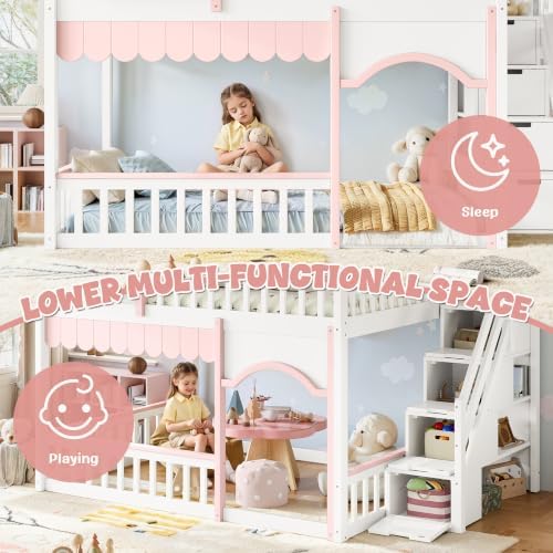 Full Over Full Size House-Shaped Wooden Bunk Bed with Window, White