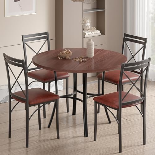 VECELO 36" Round Dining Table for 4, Wood Grain Dinette with Metal Frame for Kitchen, Apartment, Home, Space-Saving, Vintage Brown