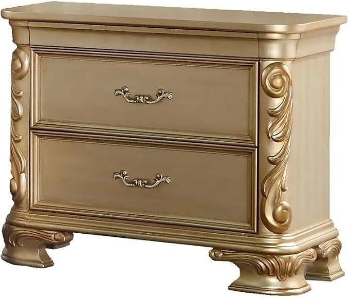 First of a Kind Miranda Gold Finish Traditional 5 Piece Queen Bedroom Set with Upholstered Tufted Headboard Ornate European Inspired Design Coordinated Furniture Collection