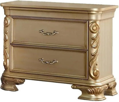 First of a Kind Miranda Gold Finish Traditional 5 Piece Queen Bedroom Set with Upholstered Tufted Headboard Ornate European Inspired Design Coordinated Furniture Collection