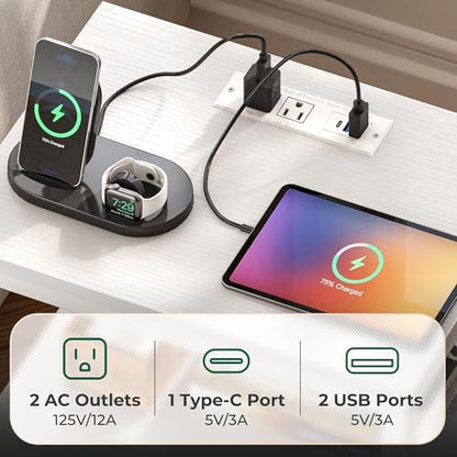 Huuger Night Stand with Charger Station and LED Lights, 3 Drawer Nightstand