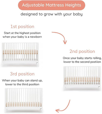 dadada Baby LaLa 3-in-1 Convertible Crib- Converts to Toddler Bed & Daybed- Adjustable Mattress Height – 3 Positions - Made in Italy - Solid Beechwood (White)