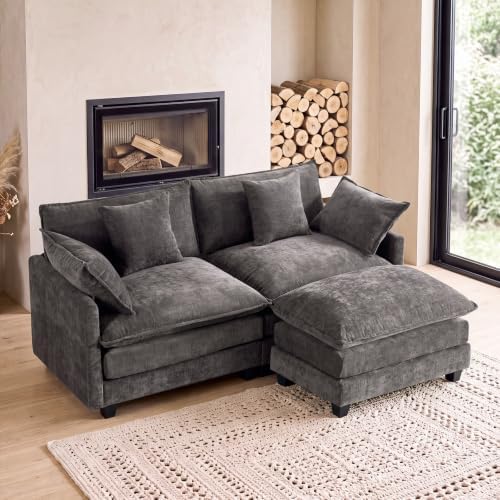 77" Cloud Chenille Sofa Loveseat Couch, Sectional with Ottoman, Grey