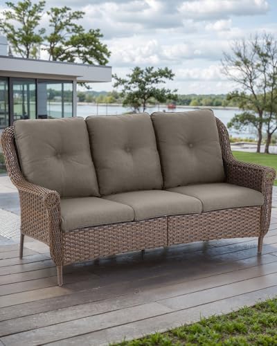 Patio Couch Outdoor Wicker Sofa - Heavy Duty All-Weather Brown Rattan 3-Seater with High Back and Comfortable Thick Cushions for Garden Back Porch Poolside Apartment - Grey