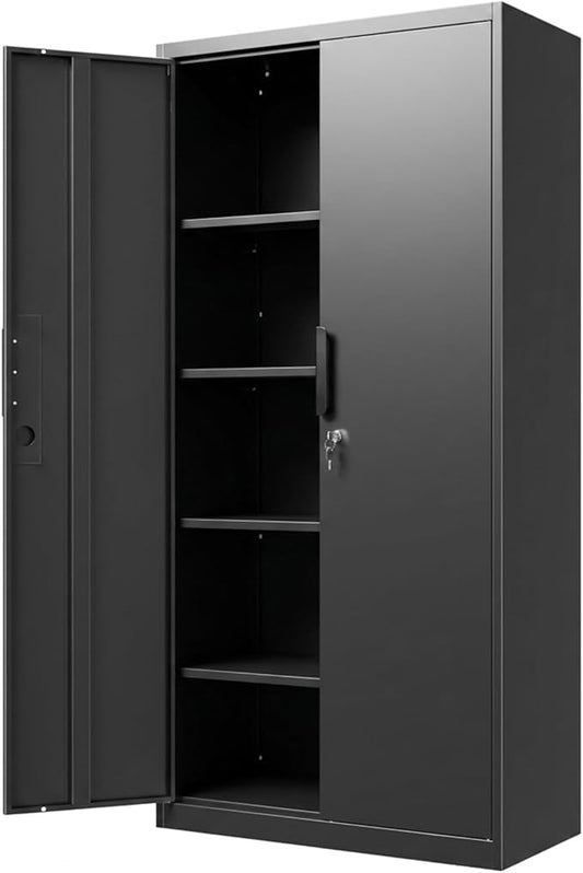 Metal Garage Storage Cabinet with Lock, 71" Tall Steel Storage Locker with 4 Adjustable Shelves, Heavy Duty Metal Cabinet for Garage, Office, Home, 31.5”W × 16.5”D, Black