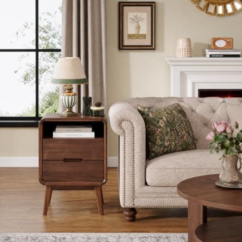 Walnut Nightstand Solid Wood Night Stand, Dark Wood Nightstands with 2 Drawers & Open Shelf, Mid Century Modern Nightstand, Wooden Bedside Table for Bedroom(Dark Black Walnut,23.23" H)