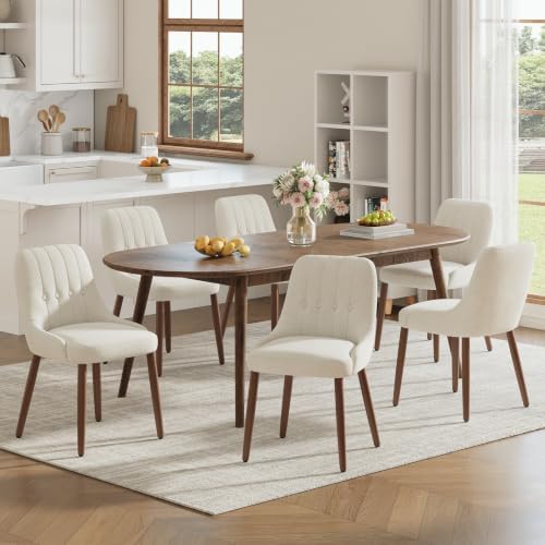 Wooden Dining Chairs Set of 6, Upholstered Fabric Kitchen Chairs with Tufted Button Backrest, Modern Dining Room Chairs with Solid Wood Legs for Kitchen, Beige