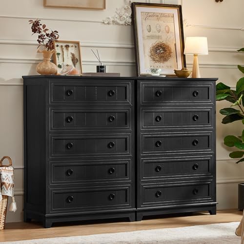 Joaxswe Farmhouse 5 Drawer Dresser for Bedroom Set of 2, 42" Tall Small Dressers & Chest of Drawers, Rustic Wood Dresser with Metal Handle, Storage Organizer Closet for Living Room, Hallway,Entryway
