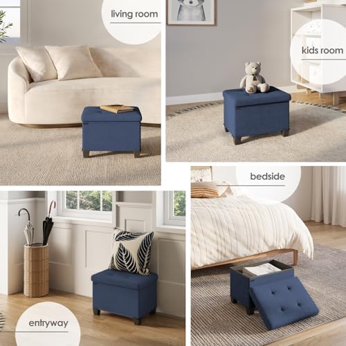 Storage Ottoman Cube with Small Bin, 16-in Square Ottoman with Storage for Living Room and Bedroom, Small Ottomans Foot Rest, Fabric Foot Stools Ottomans Max 330lbs, Blue