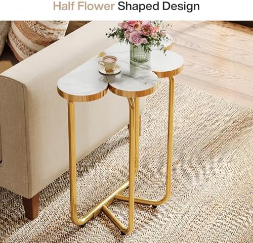 Tribesigns Narrow Side Table, Half-Flower Accent Side Table with Stylish Gold Frame, White and Gold End Tables, 26-Inch Tall Faux Marble Nightstand for Bedroom