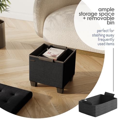 Storage Ottoman Cube with Small Bin, 15-in Square Ottoman with Storage for Living Room and Bedroom, Small Ottomans Foot Rest, Fabric Foot Stools Ottomans Max 330lbs, Black