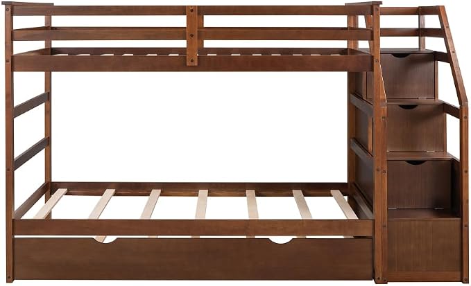 MERITLINE Twin Over Twin Bunk Beds with Trundle and Storage Box, Solid Wood Bunk Bed with Stairs and Storage Case for Teens Adults (Walnut + Solid Wood)