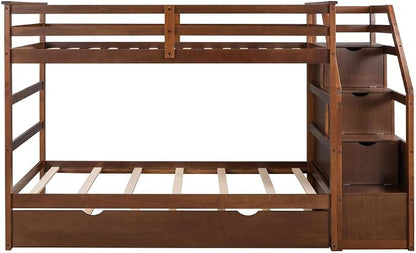 MERITLINE Twin Over Twin Bunk Beds with Trundle and Storage Box, Solid Wood Bunk Bed with Stairs and Storage Case for Teens Adults (Walnut + Solid Wood)