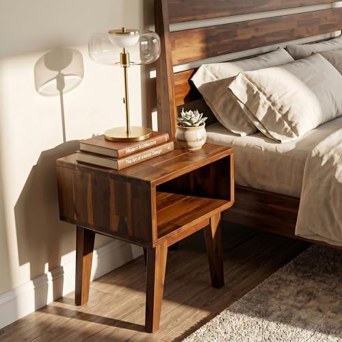 Acacia Serena Nightstand Solid Wood Nightstand with Open Storage Shelf, Wood Bedside Table, Night Stands for Bedroom - Walnut