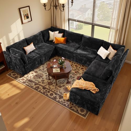 CAODOC 8 Seat Modular Sectional Couch,Corduroy,Convertible U/L-Shaped,Black