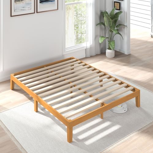 OLIXIS 12 Inch Queen Size Solid Wood Platform Bed Frame, Honey Wood